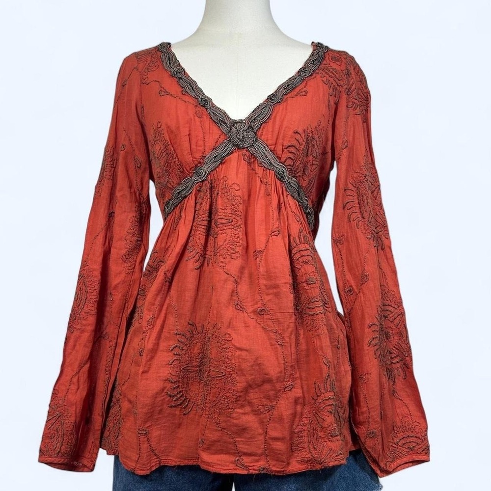 Burning Torch Embroidered Babydoll Top Womens S Boho Festival